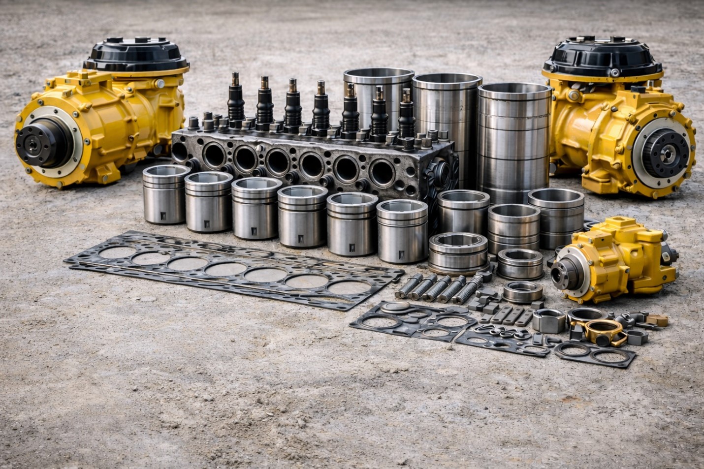 Heavy equipment engine rebuild kits and drivetrain components